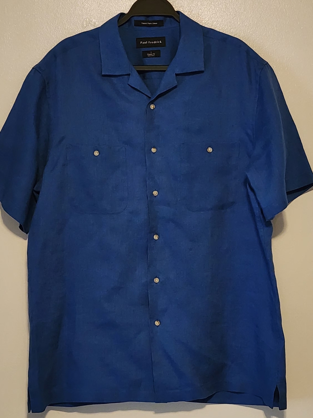 Paul Fredrick Blue linen Short-Sleeve Button-Up Shirt
